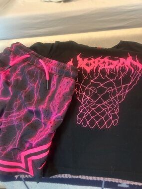 Jordan Black Tee with Neon Pink Lightning Shorts